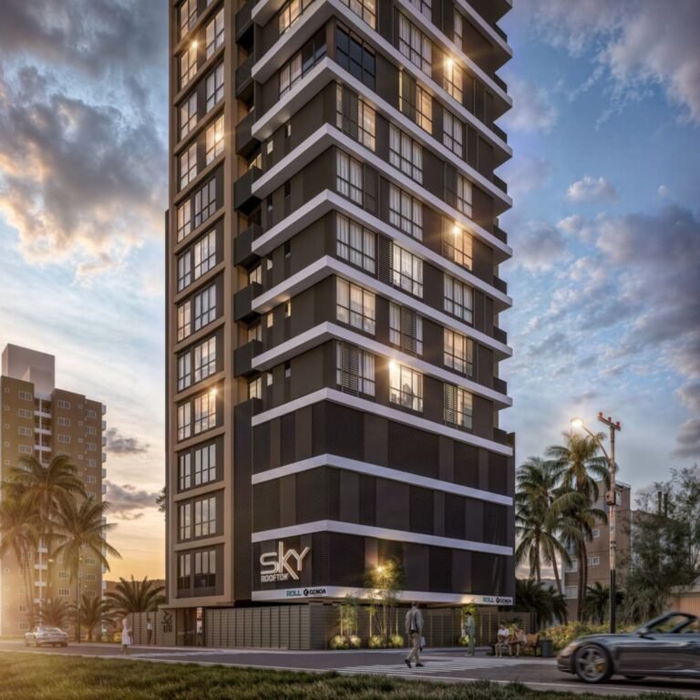 Fachada do Sky Rooftop ao entardecer